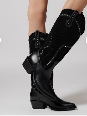 Women's Black Stud-Trim Western Knee Boots - Heeled Cowgirl Style